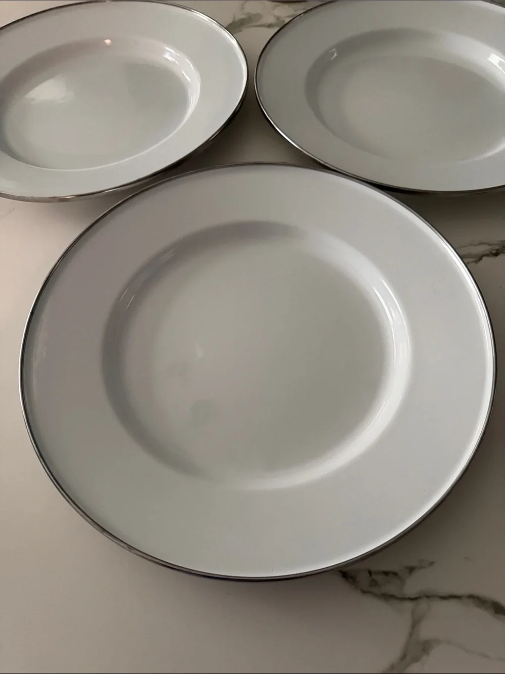 Pottery Barn White  Enamel 12” buffet dinner plate w/Silver Rim - Set of 3